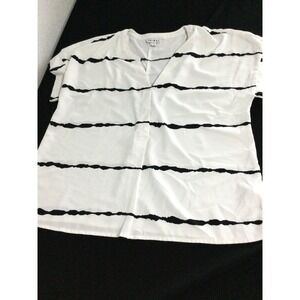 Tribal Womens Top Blouse size L‎ White Black Horizontal Stripe V Neck